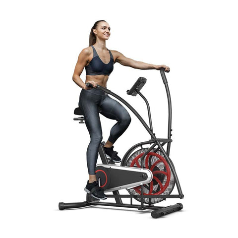 Moving Upright Air Bike, Fan Exercise Bike w/Unlimited Resistance, LCD Monitor, Phone Holder, Adjustable Seat, Built-in Wheels for Home Cardio Workout