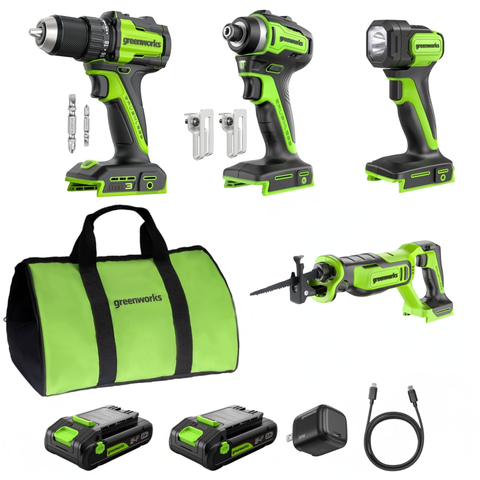 24V Brushless Power Tool 4PC Combo Kit w/ (2) 2.0Ah USB-C Batteries and 30W USB-C Fast Charger