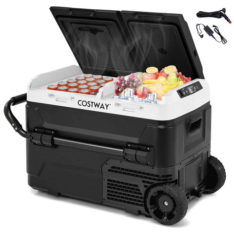 42QT Dual-Zone Car Refrigerator Fridge Freezer with Wheels & -4°F~68°F Temp, 12V/24V AC/DC Portable Electric Cooler for RV Camping