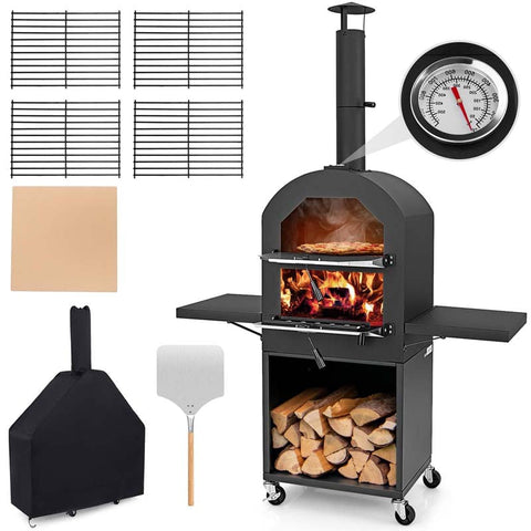Outdoor Wood Fired Pizza Oven with Firewood Storage, Side Tables, Pizza Stone & Cover, Portable Pizza Maker on Wheels for Outside Charcoal Grill