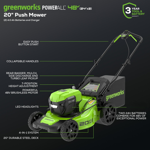 48V (24V x 2) 20" Cordless Battery Push Mower 4PC Combo Kit w/ (2) 4.0Ah Batteries & Dual Port Chargers