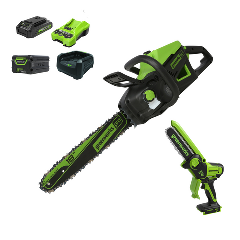 60V 18" Cordless Battery 2.0kW Chainsaw & 24V 6" Pruner Saw w/ (1) 4.0 Ah Battery, (1) 2.0 Ah Battery & (2) Chargers