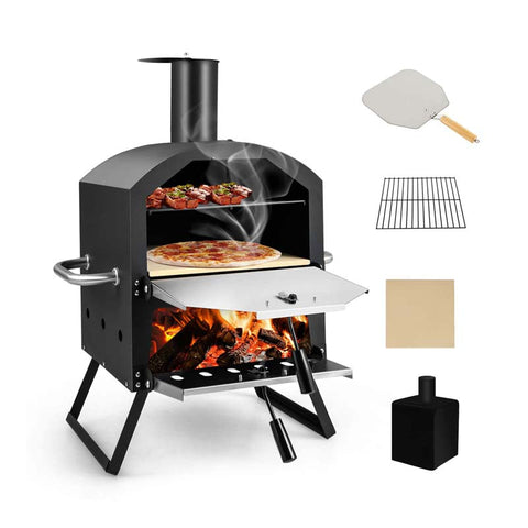 2-Layer Wood Fired Pizza Oven, Outdoor Portable Grill Pizza Maker with 12" Pizza Stone, Waterproof Cover & Folding Legs for Camping, Backyard BBQ