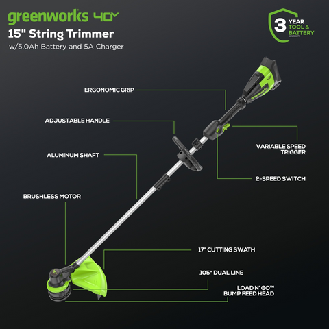 40V 17" Cordless Battery String Trimmer w/ 5.0Ah Battery and 5A Charger