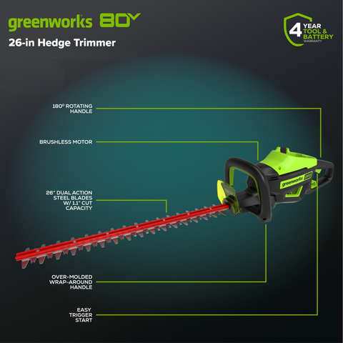 80V 26" Cordless Battery Hedge Trimmer(1.1" cut, 3200 SPM) (Tool Only)
