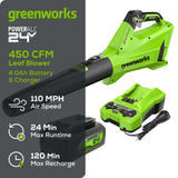 24V 450 CFM Cordless Battery Leaf Blower w/ 4.0 Ah USB Battery & Charger