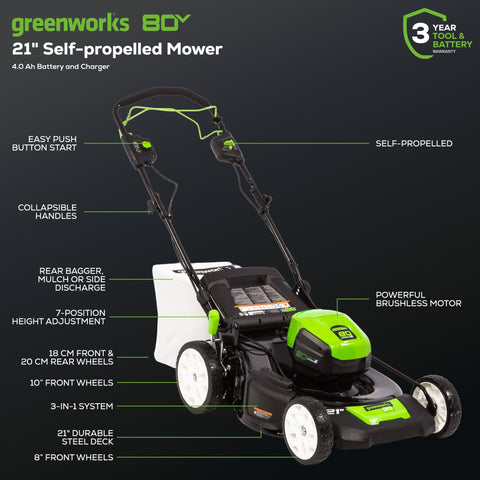 80V 21" Cordless Battery 3-in-1 Self-Propelled Lawn Mower w/ 4.0Ah Battery & Charger