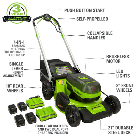 48V (24V x 2) 21" Cordless Battery Self-Propelled Lawn Mower w/ (4) 4.0Ah USB Batteries & (2) Dual Port Chargers