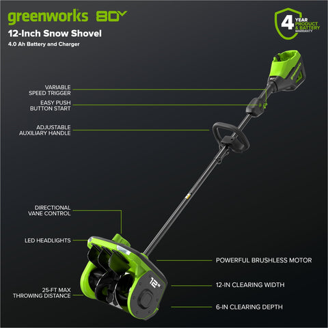 80V 12" Cordless Battery LED Snow Shovel w/ 4.0Ah Battery & 6A Charger