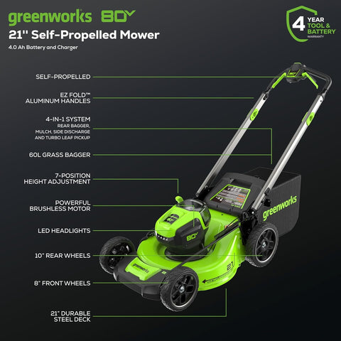 OPEN BOX 80V 21" Cordless Battery 4-in-1 Self-Propelled Lawn Mower w/ 4.0Ah Battery & Charger