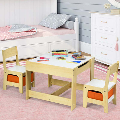 Kids Table & Chairs Set, 3-in-1 Wooden Toddler Activity Table with Storage, Reversible Tabletop & Blackboard for Art Craft, Drawing, Playroom