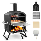 2-Layer Wood Fired Pizza Oven, Outdoor Portable Grill Pizza Maker with 12" Pizza Stone, Waterproof Cover & Folding Legs for Camping, Backyard BBQ
