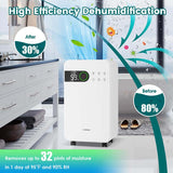 32 Pint Dehumidifier for Home & Basement, 2500 Sq.Ft Dehumidifier with Auto Drain, Sleep Mode, 24H Timer, 4 Wheels & Child Safety Lock