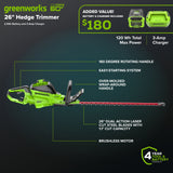 60V 26" Cordless Battery Hedge Trimmer 4000 SPM w/ 2Ah Battery and 3A Charger