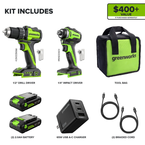 24V Cordless Battery 400 in-lbs Drill / Driver and 1950 in-lbs Impact Driver w/ Two(2) 2.0Ah USB-C Batteries & 65W USB-C Fast Charger