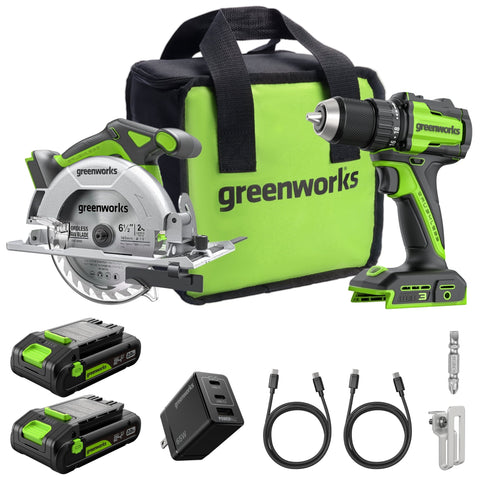 24V Brushless 1/2" 400 in/lbs Drill / Driver and 6.5" Circular Saw Combo Kit w/ (2) 2.0Ah USB-C Batteries and 65W USB-C Fast Charger