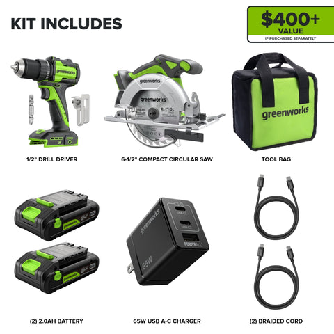 24V Brushless 1/2" 400 in/lbs Drill / Driver and 6.5" Circular Saw Combo Kit w/ (2) 2.0Ah USB-C Batteries and 65W USB-C Fast Charger