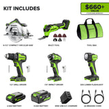 24V Brushless Power Tool 5PC Combo Kit w/ (1) 4.0Ah & (1) 2.0Ah USB-C Batteries and Charger