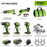 24V Brushless Power Tool 6PC Combo Kit w/ (1) 4.0Ah & (1) 2.0Ah USB-C Batteries and Charger