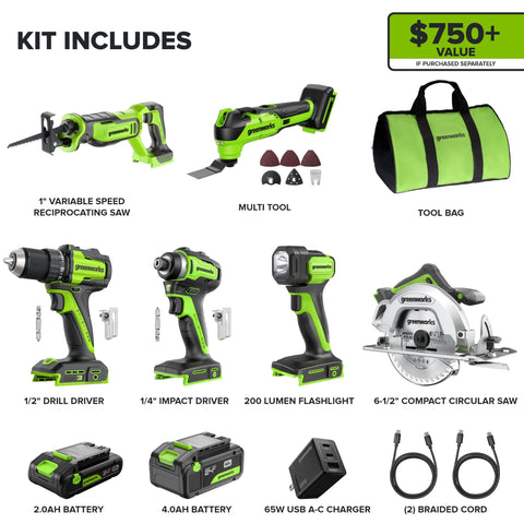 24V Brushless Power Tool 6PC Combo Kit w/ (1) 4.0Ah & (1) 2.0Ah USB-C Batteries and Charger