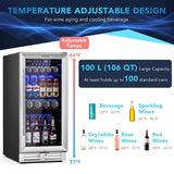 15" 100 Can Wine Beverage Cooler Refrigerator Built-in or Freestanding Beer Wine Fridge with Glass Door