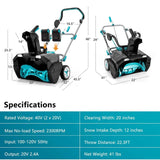 40V 20" Electric Snow Thrower with Dual LED Lights, Cordless Snow Blower w/2 x 4.0 Ah Battery & Charger