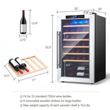 20 Inch 33 Bottles Wine Cooler Refrigerator Built-In or Freestanding Mini Wine Fridge with 2-Layer Tempered Glass Door & Dual Alarm Function