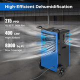 215 Pint Commercial Dehumidifier, 8000 Sq.Ft Industrial Dehumidifier with Drain Hose, 24H Timer & 4 Wheels for Basement, Warehouse, Water Damage