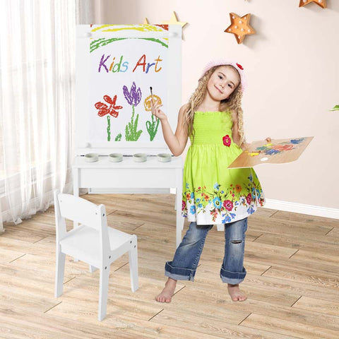 2-in-1 Kids Art Table Chair Set for Drawing Writing, Toddler Craft Play Wood Activity Desk w/2 Chairs Paper Roll Storage Canvas Bins