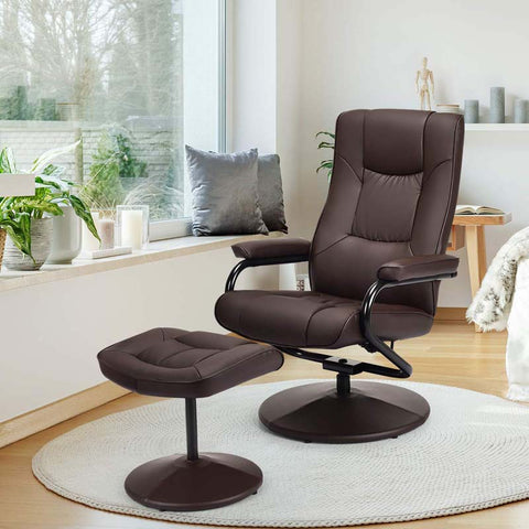 360° Swivel Recliner Chair with Ottoman, PU Leather Lounge Armchair Adjustable Reclining Chair with Footrest for Living Room Bedroom Office
