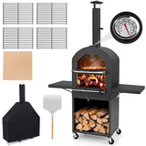 Outdoor Wood Fired Pizza Oven with Firewood Storage, Side Tables, Pizza Stone & Cover, Portable Pizza Maker on Wheels for Outside Charcoal Grill