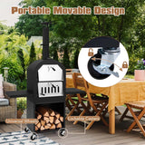 Outdoor Wood Fired Pizza Oven with Firewood Storage, Side Tables, Pizza Stone & Cover, Portable Pizza Maker on Wheels for Outside Charcoal Grill