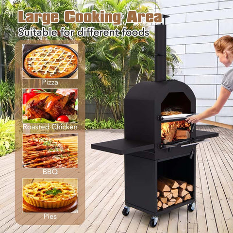 Outdoor Wood Fired Pizza Oven with Firewood Storage, Side Tables, Pizza Stone & Cover, Portable Pizza Maker on Wheels for Outside Charcoal Grill