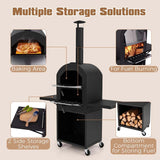Outdoor Wood Fired Pizza Oven with Firewood Storage, Side Tables, Pizza Stone & Cover, Portable Pizza Maker on Wheels for Outside Charcoal Grill