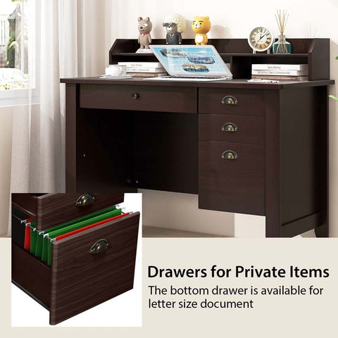 48" Vintage Home Office Desk, Executive Computer Desk Study Desk with 4 Storage Drawers & Hutch