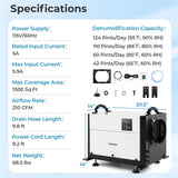 124 PPD Commercial Dehumidifier, 1300 Sq.Ft Crawl Space Dehumidifier with Drain Hose, Auto Defrost, 3 Modes & 24H Timer for Basement, Warehouse