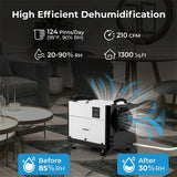 124 PPD Commercial Dehumidifier, 1300 Sq.Ft Crawl Space Dehumidifier with Drain Hose, Auto Defrost, 3 Modes & 24H Timer for Basement, Warehouse