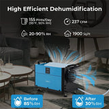 155 PPD Commercial Dehumidifier, 1900 Sq.Ft Crawl Space Dehumidifier with Drain Hose, Auto Defrost, 3 Modes & 24H Timer for Basement, Warehouse