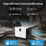 155 PPD Commercial Dehumidifier, 1900 Sq.Ft Crawl Space Dehumidifier with Drain Hose, Auto Defrost, 3 Modes & 24H Timer for Basement, Warehouse