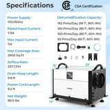192 PPD Commercial Dehumidifier, 2600 Sq.Ft Crawl Space Dehumidifier with Drain Hose, Auto Defrost, 3 Modes & 24H Timer for Basement, Warehouse