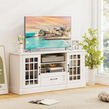 62" Farmhouse TV Stand for 70 Inch TVs, Tall Media Console Table with 2 Glass Doors, Cubbies & Drawer, Storage Cabinet for Living Room