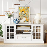 62" Farmhouse TV Stand for 70 Inch TVs, Tall Media Console Table with 2 Glass Doors, Cubbies & Drawer, Storage Cabinet for Living Room