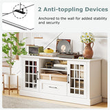 62" Farmhouse TV Stand for 70 Inch TVs, Tall Media Console Table with 2 Glass Doors, Cubbies & Drawer, Storage Cabinet for Living Room