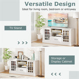 62" Farmhouse TV Stand for 70 Inch TVs, Tall Media Console Table with 2 Glass Doors, Cubbies & Drawer, Storage Cabinet for Living Room