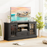 62" Farmhouse TV Stand for 70 Inch TVs, Tall Media Console Table with 2 Glass Doors, Cubbies & Drawer, Storage Cabinet for Living Room