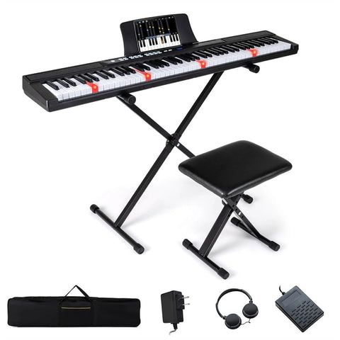 88 Key Electric Piano Keyboard Set with Adjustable Stand & Stool, Lighted Full Size Sensitive Keys, Sustain Pedal, Portable Bag for Beginners