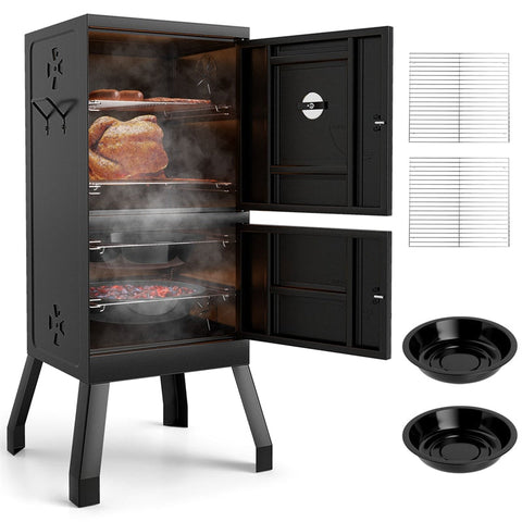 Vertical Charcoal Smoker with Double Doors, Thermometer, Adjustable Air Vents & Water/Charcoal Pans, Outdoor BBQ Smoker for Camping Backyard Grill